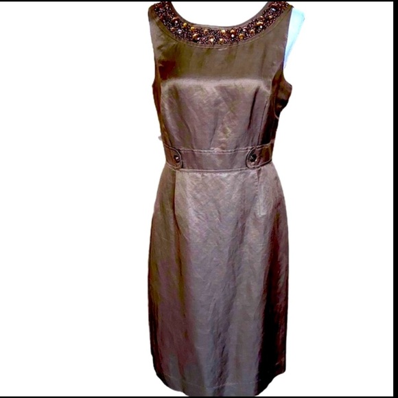 ALEX MARIE Silk & Linen Tailored Sheath Dress Copper Brown Beaded Neckline Sz 10 - Picture 8 of 11